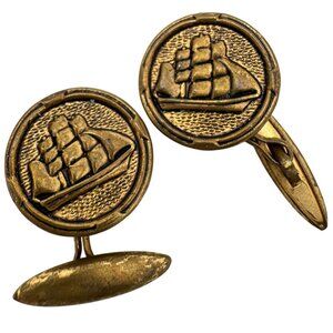 Vintage Gold Tone Ship Design Round Button Cufflinks With Chain Link Style